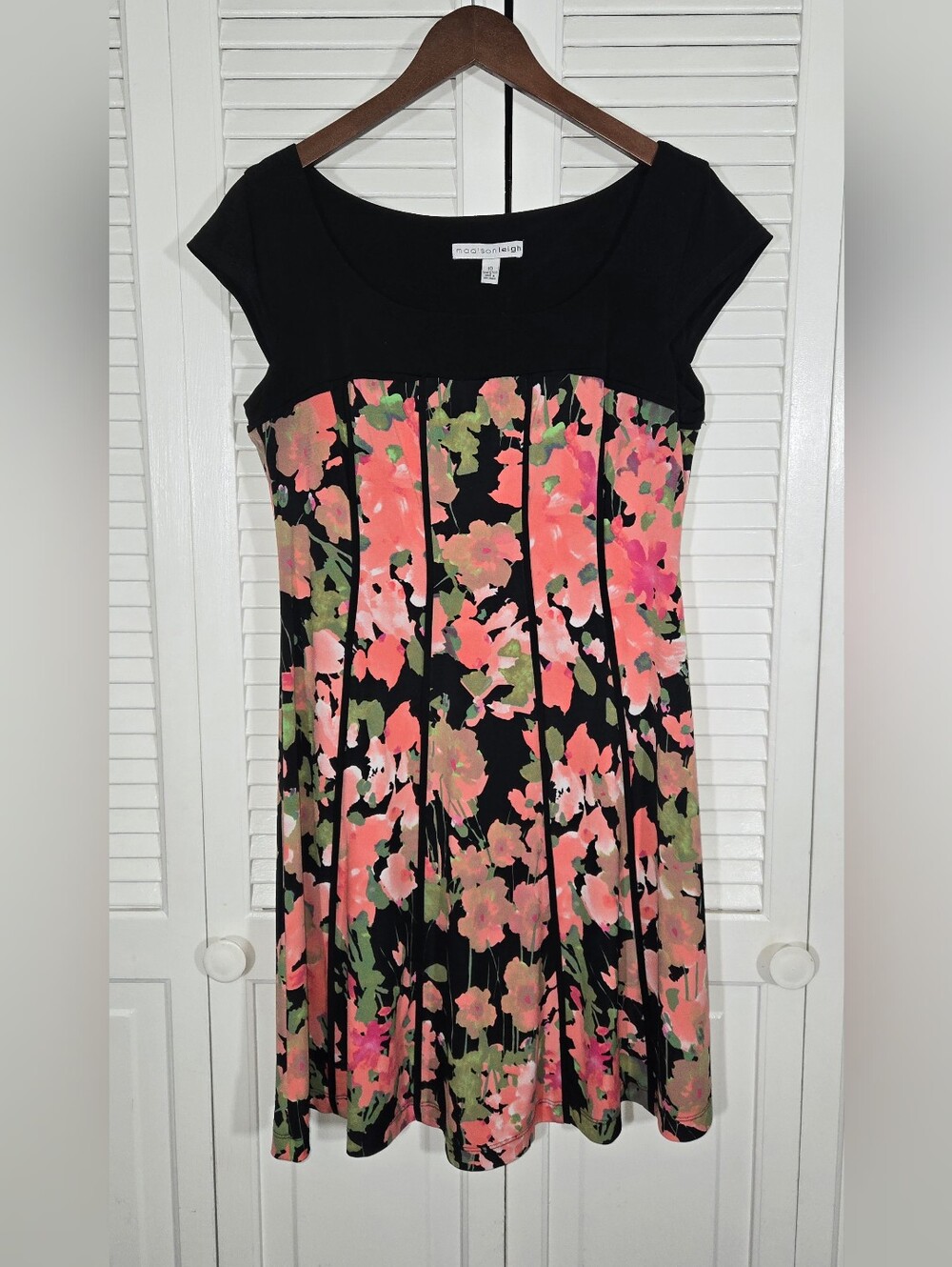 Madison Leigh Floral Fit Flare Scoop Neck Vertical Piping Cap Sleeve Dress 10